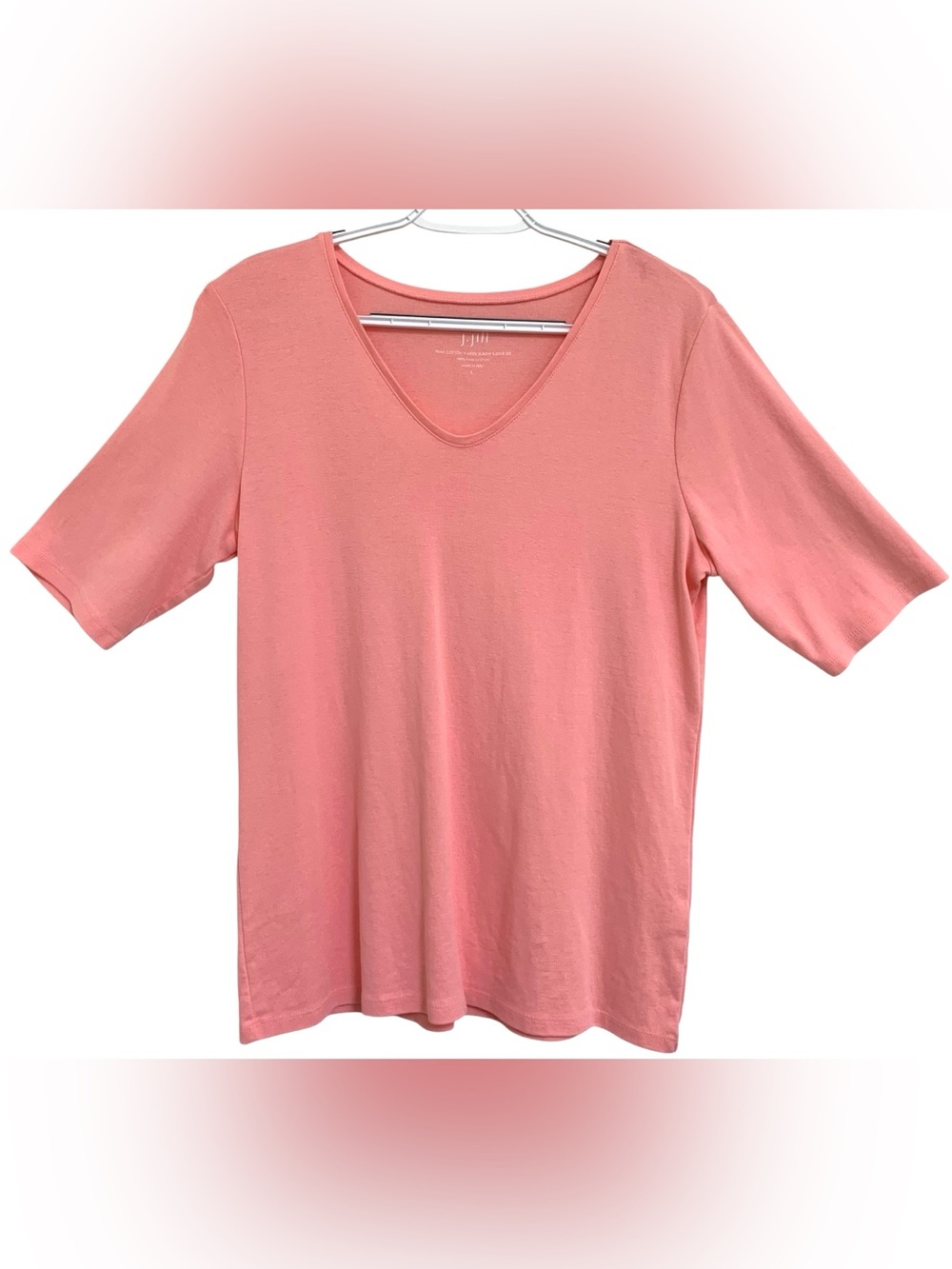 J. Jill Pima Cotton V-Neck Elbow Sleeve Straight Hem Pink Tee Shirt Sz L Casual